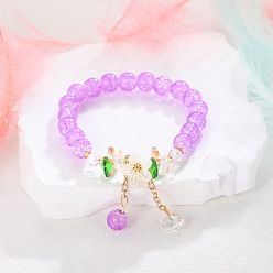 Орхидея Круглые бусины из стекла с ромашками и трещинами, растягивающиеся браслеты, Браслеты с подвесками из сплава и цепочкой для женщин, сиреневые, внутренний диаметр: 2-1/2 дюйм (6.5 см)