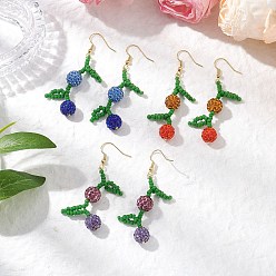 Разноцветный Серьги-подвески в виде диско-шариков с фруктами и паве, с цельными круглыми латунными бусинами и латунными крючками для сережек и круглыми рокайльными бусинами Миюки, золотые, красочный, 64.5x20 мм