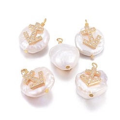Sagittarius Natural Cultured Freshwater Pearl Pendants, with Brass Micro Pave Cubic Zirconia Findings, Nuggets with Constellation, Golden, Clear, Sagittarius, 17~22x11~16x5~11mm, Hole: 1.6mm