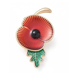 Red Remembrance Day Poppy Enamel Pin, Alloy Lapel Pin Brooches for Backpack Clothes, Golden, Red, 26x45mm