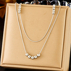 Серебро 304 Двухслойные ожерелья из круглых бусин из нержавеющей стали для женщин, без потускнения, серебряные, 14.76 дюйм (37.5 см) ~ 16.54 дюйм (42 см), 2 шт / комплект