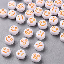 Сэнди Коричневый Белые непрозрачные акриловые бусины, плоский круглый с выражением, песчаный коричневый, 7x4 мм, отверстие : 1.6 мм, Около 3650 шт / 500 г