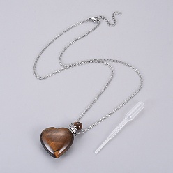 Тигровый глаз Ожерелья кулона бутылки дух естественного тигрового глаза открываемые, с кабельной цепью из нержавеющей стали и пластиковой капельницей, сердце, 50~55 см, емкость бутылки: 0.15~0.3 мл (0.005~0.01 жидких унций), 2 мм