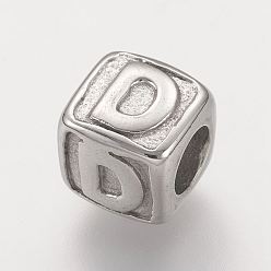 Letter D Устойчивые к потускнению 304 европейские бусины из нержавеющей стали, горизонтальное отверстие, бусины с большим отверстием, куб с letter.d, 8x8x8 мм, отверстие : 4 мм