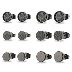Черный 2 пары 2 размер 304 плоские круглые серьги-гвоздики из нержавеющей стали для мужчин и женщин, электрофорез черный, 6~8 мм, штифты : 0.7 мм, 1 пара/размер