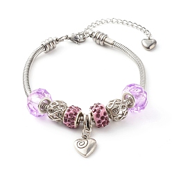 Lilas Bracelets européens en strass en pâte polymère faits à la main, perles de verre, 304 chaînes de serpent en acier inoxydable et breloque coeur en alliage, lilas, 7-7/8 pouce (20 cm)