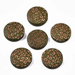 Dark Olive Green Painted Natural Wood Beads, Laser Engraved Pattern, Flat Round with Leopard Print, Dark Olive Green, 15x4.5mm, Hole: 1.5mm