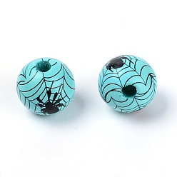 Dark Turquoise Natural Wood Beads, Round with Spider Web Pattern, Dark Turquoise, 15mm, Hole: 4mm