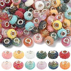 Mixed Color 100Pcs 2 Styles Resin Rhinestone European Beads, Large Hole Beads, with Platinum Tone Brass Double Cores, AB Color, Rondelle, Mixed Color, 14x9~10mm, Hole: 5mm, 50pcs/style