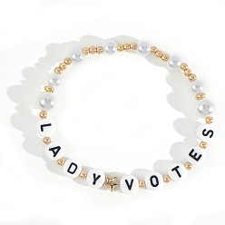 Белый Минималистичные абс имитация жемчуга круглые бусины эластичные браслеты для женщин, слово леди голоса, с акрилом и латунью, белые, внутренний диаметр: 6-7/8 дюйм (17.5 см)