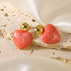 Помидор День святого Валентина 304 Серьги-гвоздики из нержавеющей стали и эмали, сердце, золотые, помидор, 25.4x18.5 мм