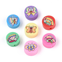 Разноцветный Печатные бусины из полимерной глины ручной работы, плоские круглые с бабочкой, красочный, 9~10x4~5 мм, отверстие : 1.8~2 мм