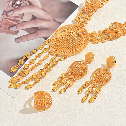 Golden Vintage Alloy Hollow Teardrop Tassel Earrings & Necklaces & Rings Set for Wwomen, Golden, 28.35 inch(72cm)