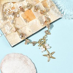 Golden Summer Beach 304 Stainless Steel Starfish Charm OT Bracelets, Natural Freshwater Shell Nuggets Beaded Chain Bracelets for Women, Seashell Color, Golden, 7.80 inch(19.8cm)