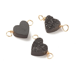 Black Natural Druzy Agate Connector Charms, with Golden Tone Copper Wire, Dyed, Heart, Black, 18~20x9~10x4~5mm, Hole: 3mm