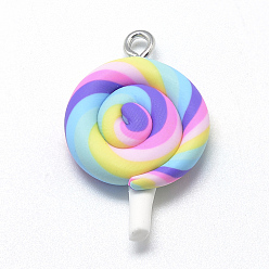Colorful Handmade Polymer Clay Pendants, Lollipop, Hot Pink, 28~33x19~21x6~7mm, Hole: 2mm