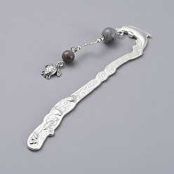 Labradorite Alloy Bookmarks, with Sea Turtle Alloy Charms, Alloy Bar Links and Natural Labradorite Beads, 122mm