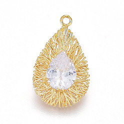 Golden Brass Pendant, with Cubic Zirconia, teardrop, Clear, Golden, 23x13.5x4mm, Hole: 1.5mm