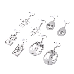 Stainless Steel Color Non-Tarnish Chakra Theme Hollow Charm Dangle Earrings, Lucky Drop Earrings for Girl Women, Mixed Shape, Stainless Steel Color, 47~64mm, Pin: 0.7mm