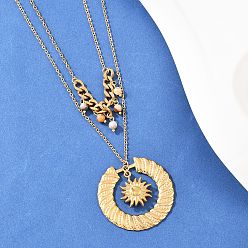 Настоящее золото 18K 304 Подвеска из нержавеющей стали с солнцем и круглым натуральным агатом, двухслойная, для женщин, ионное покрытие (ip), реальный 18 k позолоченный, 16.34 дюйм (41.5 см)