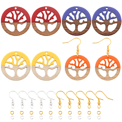 Couleur Mélangete Olycraft bricolage kits de fabrication de boucles d'oreilles pendantes, y compris les pendentifs en résine et en bois, crochets et anneaux de saut en laiton, rond et plat avec un arbre, couleur mixte, pendentifs: 28x2.5~4.5 mm, Trou: 1.8mm, 4 couleurs, 2 pcs / couleur, 8 pcs / boîte