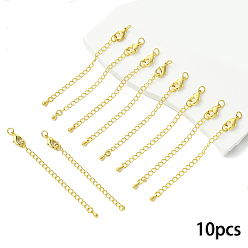 Настоящее золото 18K 10шт. долговечный удлинитель цепи из латуни с покрытием, с застежками-лапками омара и шариками, реальный 18 k позолоченный, 12x7x3 мм, отверстие : 3.5 мм, продлить цепочку: 65мм, Кольцо: 5x1 mm