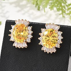 Золотистый Овальные серьги-гвоздики из латуни с микропаве из кубического циркония для женщин, без кадмия и без свинца, долговечный, стойки покрытие, золотые, золотые, 15.5x12.5 мм