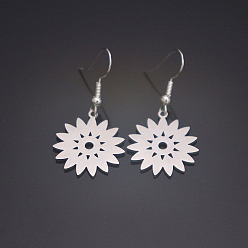 Stainless Steel Color 304 Stainless Steel Dangle Earrings for Women, Flower, Stainless Steel Color, 40x20mm