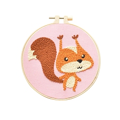 Squirrel Animal Theme DIY Display Decoration Punch Embroidery Beginner Kit, Including Punch Pen, Needles & Yarn, Cotton Fabric, Threader, Plastic Embroidery Hoop, Instruction Sheet, Squirrel, 155x155mm