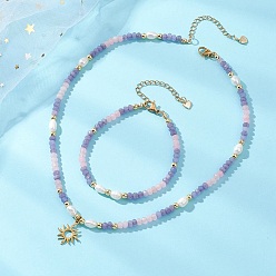 Фиолетовый Комплекты браслетов и ожерелий из натурального окрашенного малайзийского нефрита и натурального культивированного пресноводного жемчуга, 304 нержавеющей стали ювелирных изделий, фиолетовые, ожерелья: 16.06 дюйм (40.8 см)