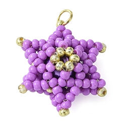 Фиолетовый Бисер бисерные подвески, звезды кулоны, с золотыми 304 кольцами из нержавеющей стали, фиолетовые, 20x18x11.5 мм