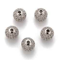 Platinum Cubic Zirconia Beads, with Brass Findings, Round, Clear, Platinum, 10x9mm