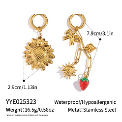 Настоящее золото 18K 304 Асимметричные серьги-кольца из нержавеющей стали с эмалью в виде красной клубники и подсолнуха для женщин, реальный 18 k позолоченный, 79 мм, 29 мм