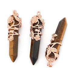 Тигровый глаз Естественно тигровый глаз отметил кулоны, с латунной фурнитурой , пуля, розовое золото , 57~60x16 мм, отверстие : 8x5 мм