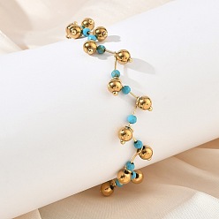 Синтетическая Бирюза 304 Браслеты из граненых круглых бусин из синтетической бирюзы из нержавеющей стали, золотые, 6.89 дюйм (17.5 см)