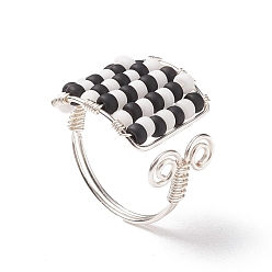 Black Glass Seed Braided Square Open Cuff Ring, Copper Wire Wrap Jewelry for Women, Black and White, US Size 8(18.1mm)