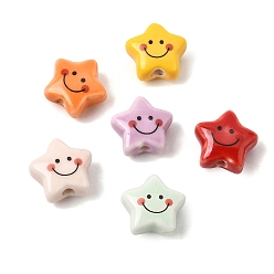 Color mezclado Cuentas de porcelana hechas a mano impresos, estrella con la cara sonriente, color mezclado, 12.5x13x7 mm, agujero: 2 mm