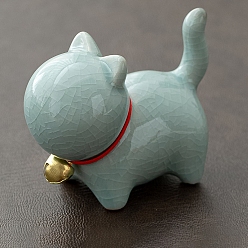 Light Cyan Ceramic Cat Figurines with Bell, for Home Office Desktop Decoration, Light Cyan, 70x33x56mm