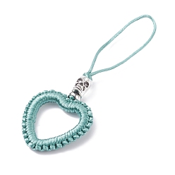 Pale Turquoise Heart Braided Nylon Cord Mobile Accessories, Phone Hanging Pendant Decor, with Alloy Skull Beads, European Brass Beads & Iron Findings, Pale Turquoise, 11cm