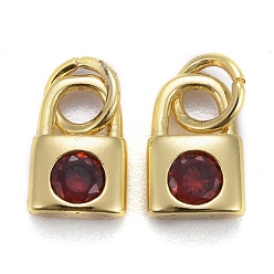 Indian Red Brass Micro Pave Cubic Zirconia Pendants, Long-Lasting Plated, Golden, with Jump Rings, Lock, Indian Red, 9x6x2.5mm, Hole: 3mm