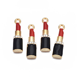 Черный Стойки обшивки сплава эмали подвески, с кристально горный хрусталь, без кадмия, без никеля и без свинца, губная помада, чёрные, 26x7x3.9 мм, отверстие : 2 мм