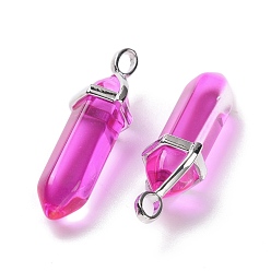 Magenta Faceted Bullet Glass Pointed Pendants, with Platinum Plated Brass Findings, Magenta, 38~39.5x12.5x10mm, Hole: 5x3mm