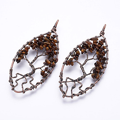 Тигровый глаз Естественно тигровый глаз большие кулоны, С латунными красными медными тонами, овальные с деревом, 88x39x3~6 мм, отверстие : 5x6.5 мм