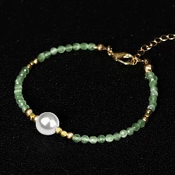 Green Handmade White Round Shell Pearl and Faceted Round Glass Beaded Bracelets for Women, Golden, Green, 6.30 inch(16cm)