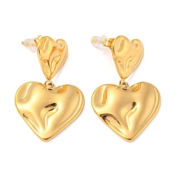 Golden 304 Stainless Steel Dangle Stud Earrings, Textured Heart, Golden, 31x19.5mm