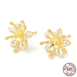 Real 18K Gold Plated 925 Sterling Silver Stud Earring Findings, with Cubic Zirconia, Flower, for Half Drilled Beads, Real 18K Gold Plated, 12x12x5mm, Pin: 0.7mm