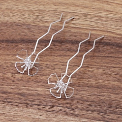 Silver Iron Hair Fork Findings, with Brass Flower Findings, Bead Cap, Silver, 68x12mm