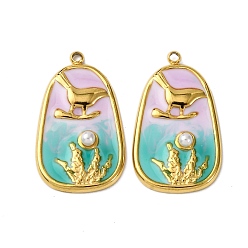 Зеленый 304 нержавеющей стальной эмали подвески, с абс пластмассовой имитационной жемчужиной, птица, вакуумное покрытие pvd, реальный 18 k позолоченный, зелёные, 25.5x15x3.5 мм, отверстие : 1.5 мм