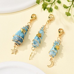 Светло-Голубой Подвесные украшения из гальванизированного натурального кварцевого кристалла в виде проволоки, с подвесками в виде луны, звезд и молний из нержавеющей стали и застежками-лобстерами, Небесно-голубой, 53~62 мм, 3 шт / комплект