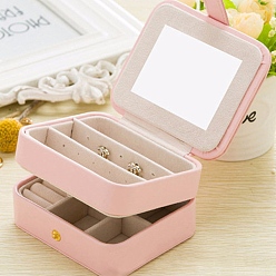 Pink 2-Tier Rectangle PU Leather Jewelry Set Storage Organizer Boxes with Mirror Inside, for Earrings, Rings, Necklaces, Pink, 11x9x5.8cm